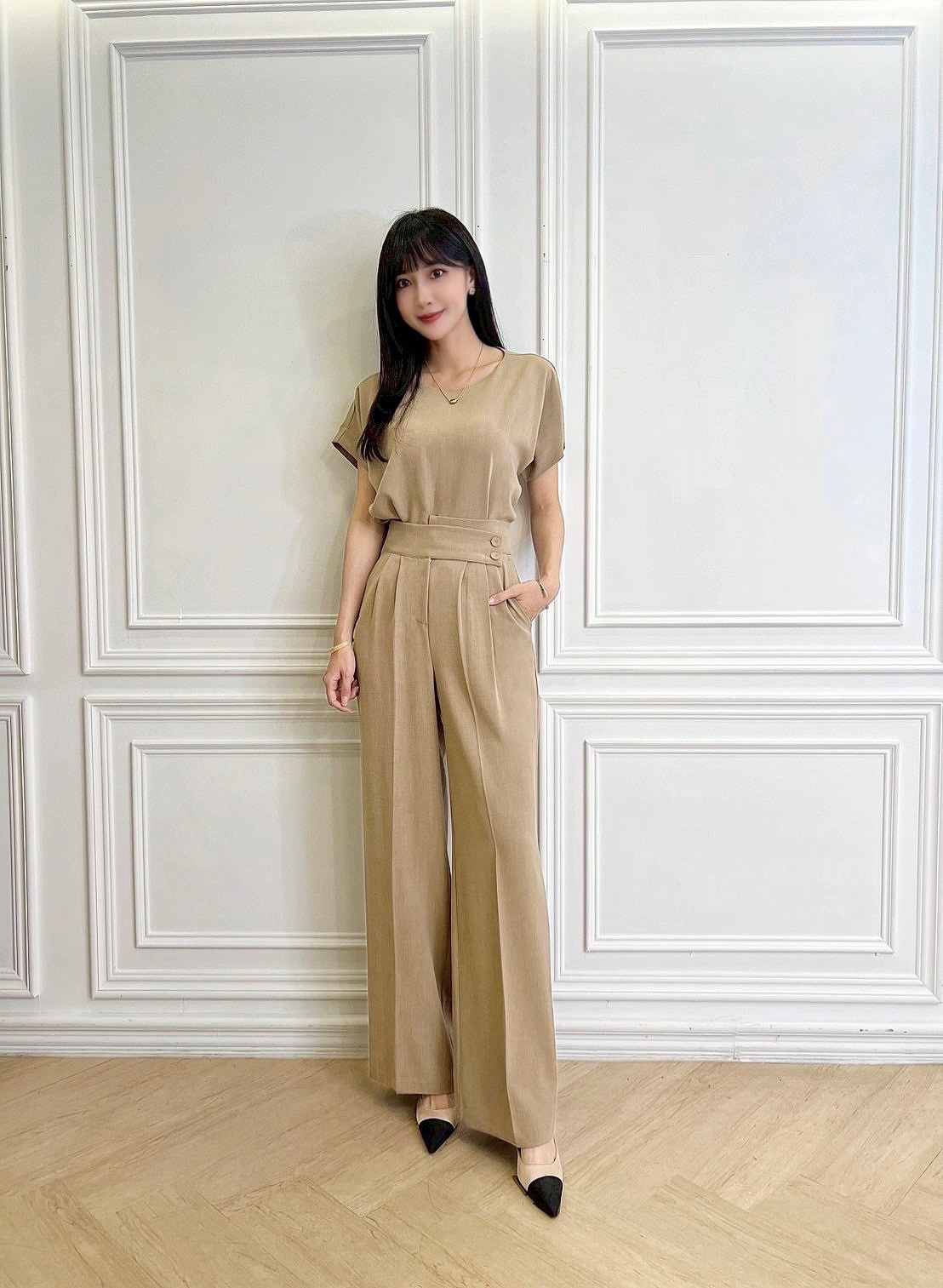 短袖腰間雙釦長腿套裝