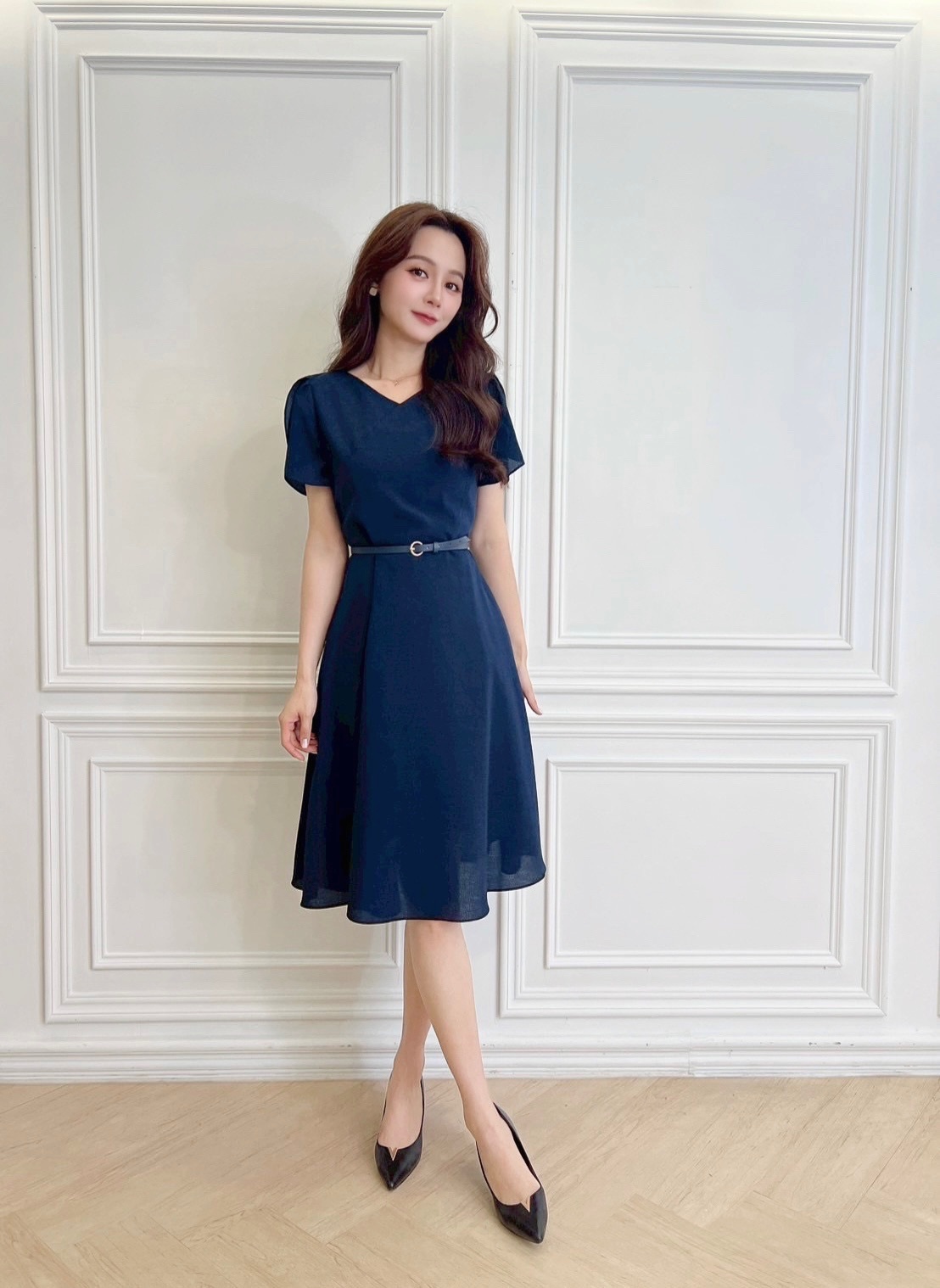 開衩短袖腰帶傘洋