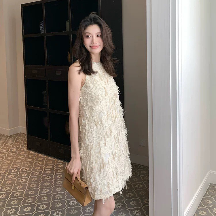 奶油白流蘇造型圓領背心裙短洋裝S-L (Elegant & Love)