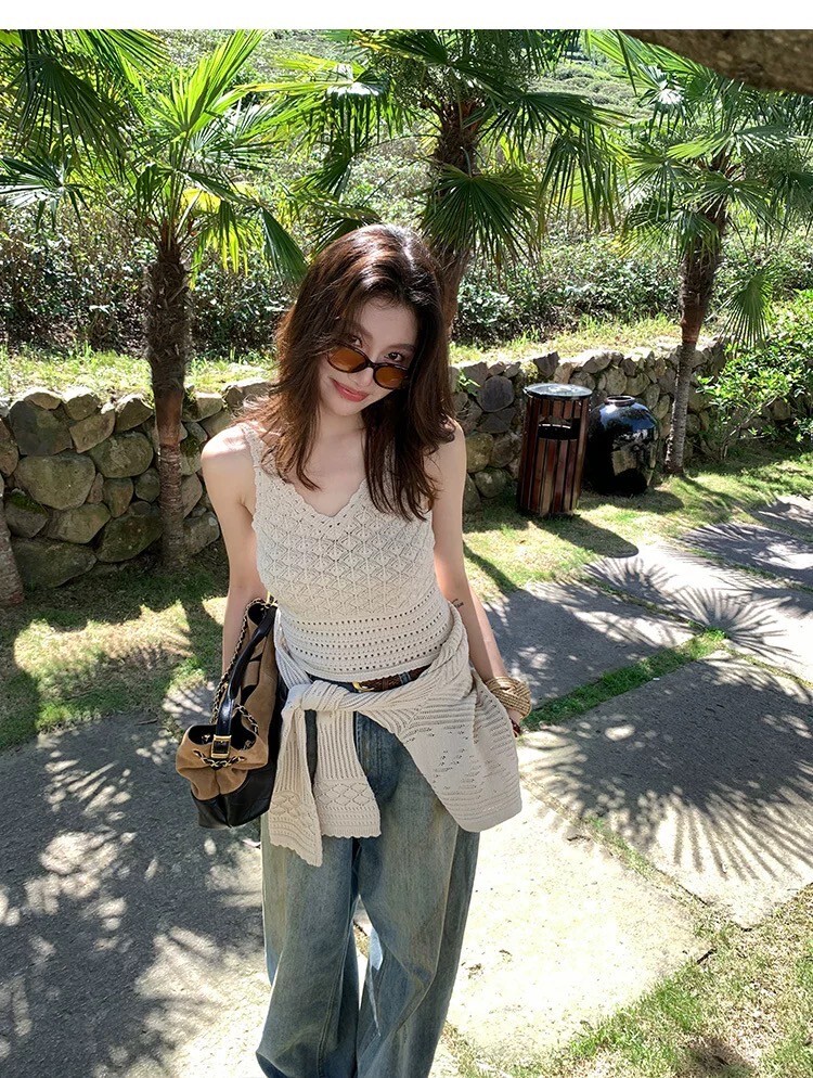 奶油杏度假感針織罩衫+背心SET-S-L (Elegant & Love)