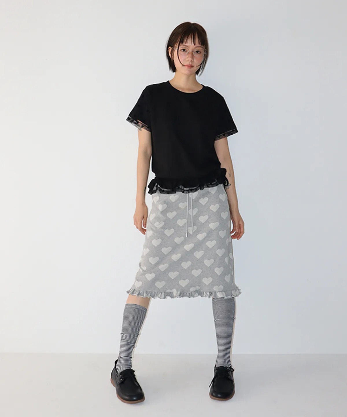 RONRON DOT MESH FRILL SHORT SLEEVE T SHIRT