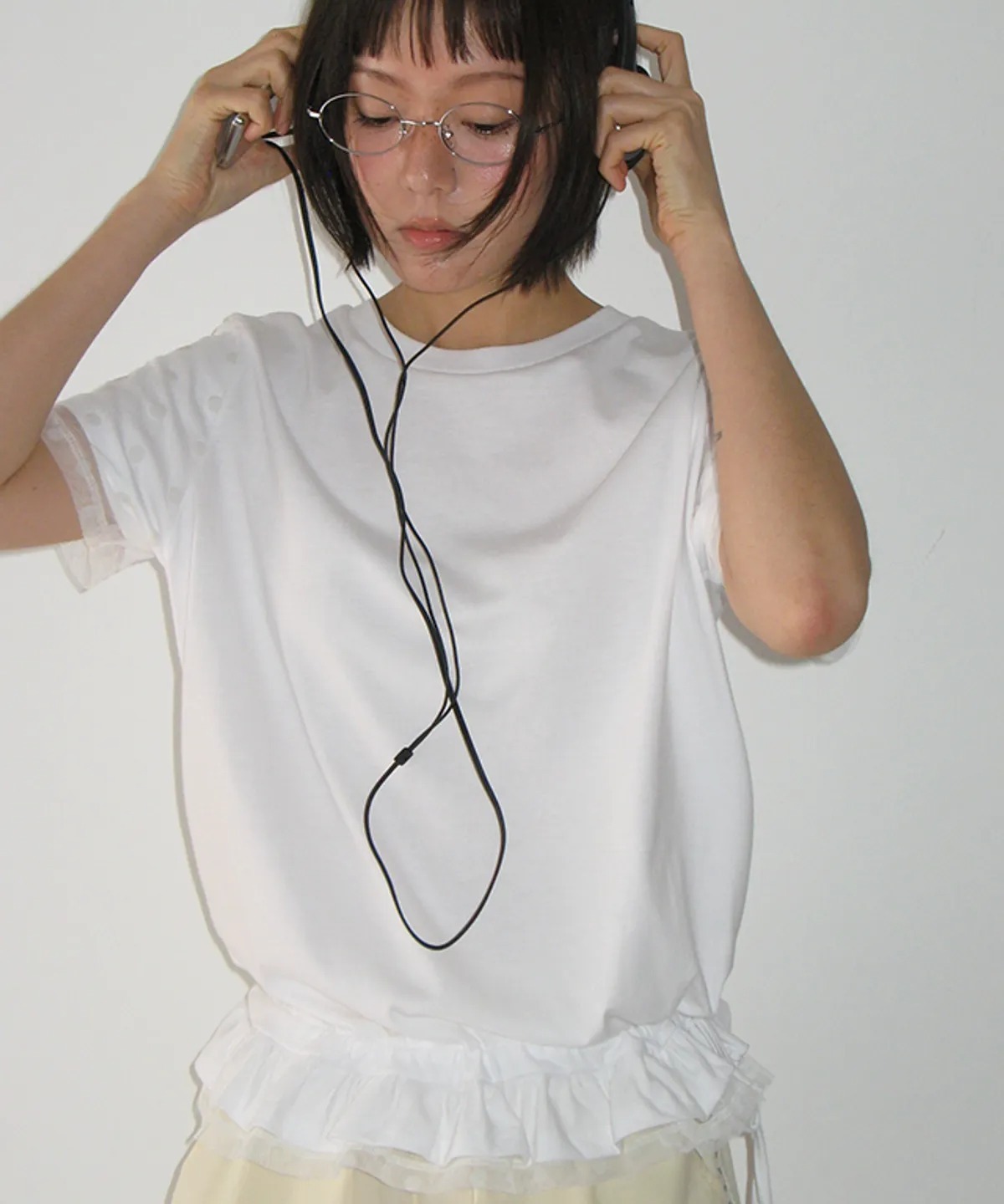 RONRON DOT MESH FRILL SHORT SLEEVE T SHIRT