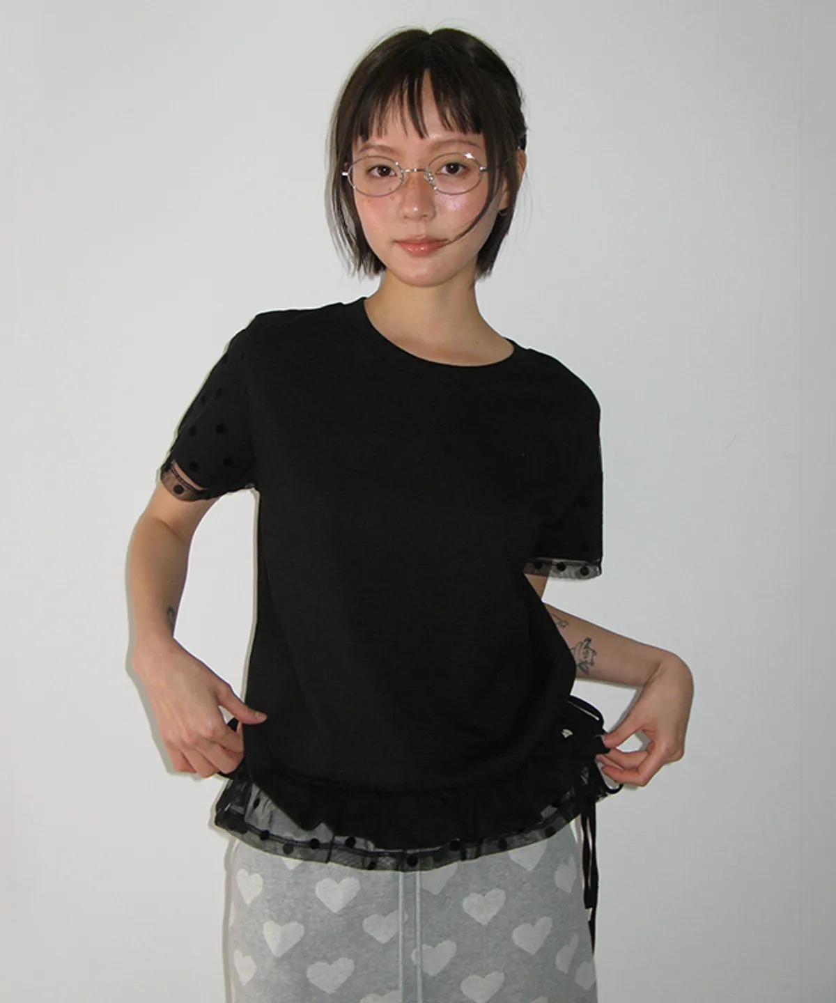 RONRON DOT MESH FRILL SHORT SLEEVE T SHIRT