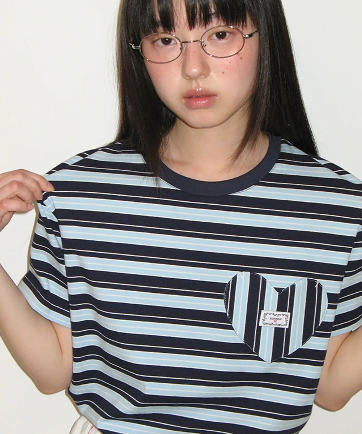 RONRON MULTI STRIPE HEART POCKET BASIC FIT T SHIRT