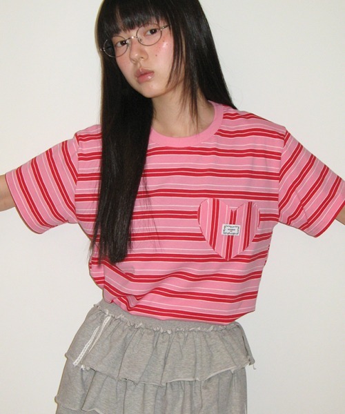 RONRON MULTI STRIPE HEART POCKET BASIC FIT T SHIRT