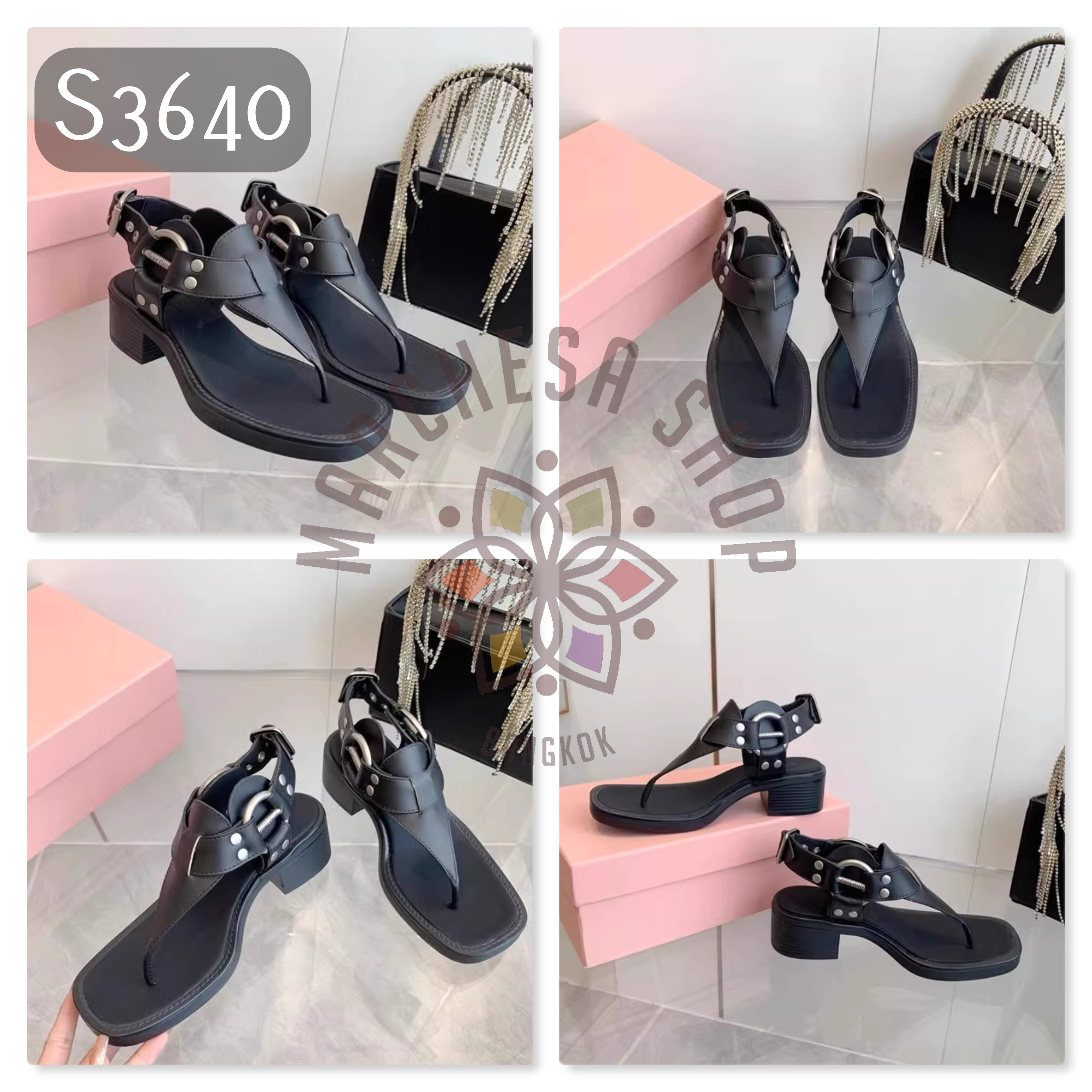 S3640 - 全真皮頭層羊仔皮暗黑銀扣人字高踭涼鞋