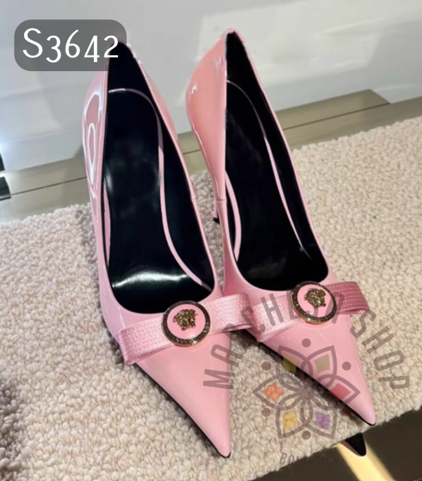 S3642 - 頭層羊漆皮金扣尖頭高踭鞋 (兩種高度)