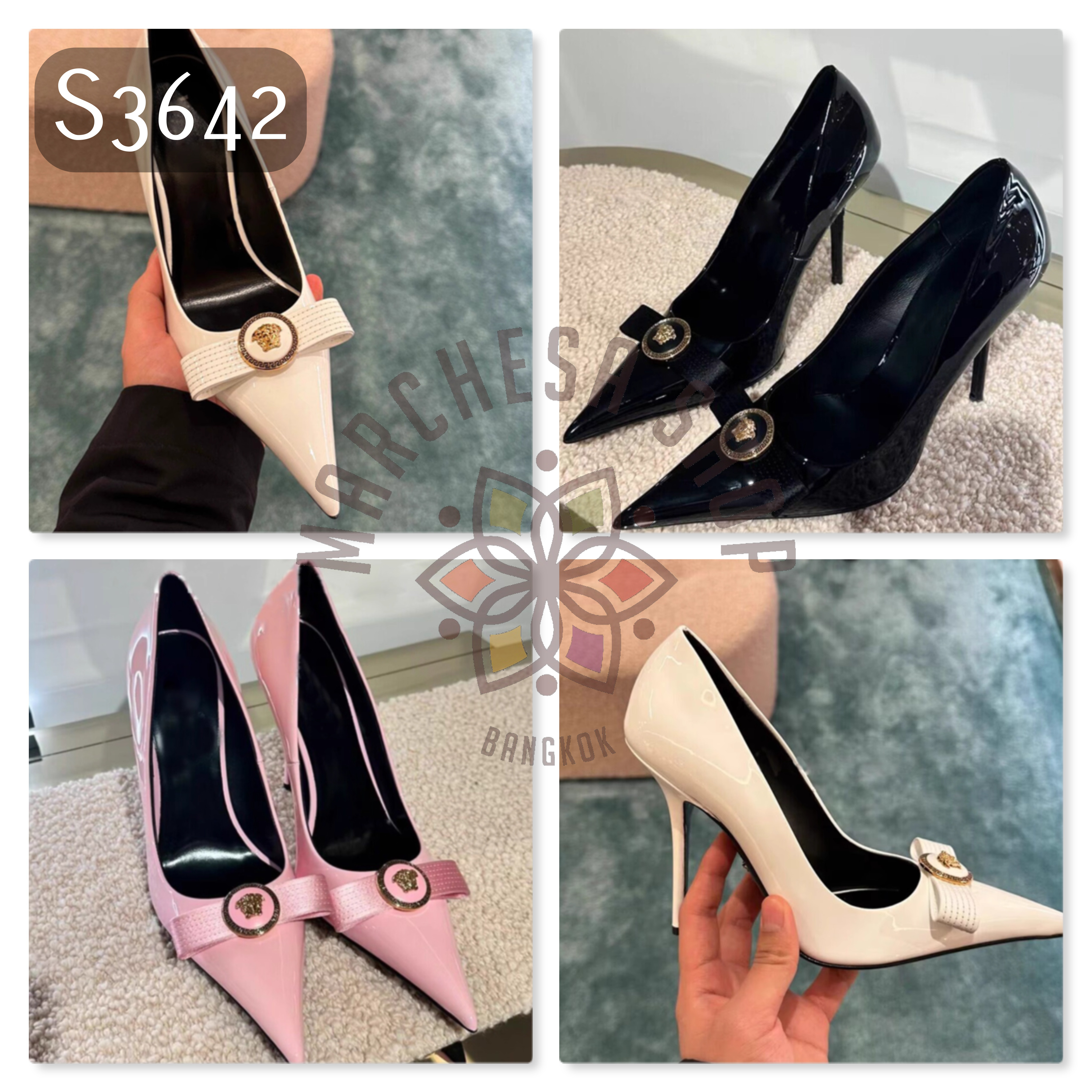 S3642 - 頭層羊漆皮金扣尖頭高踭鞋 (兩種高度)