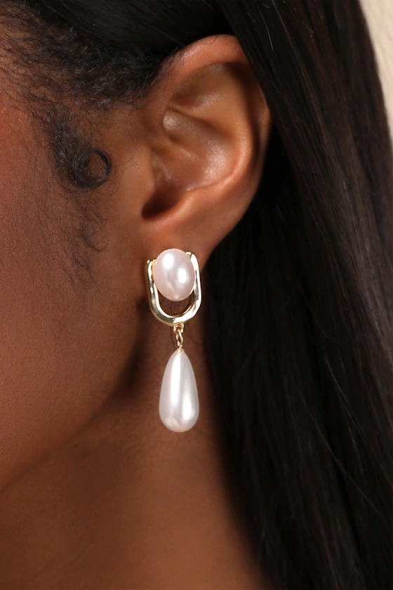 Gold Pearl美國珍珠金色垂墜耳環