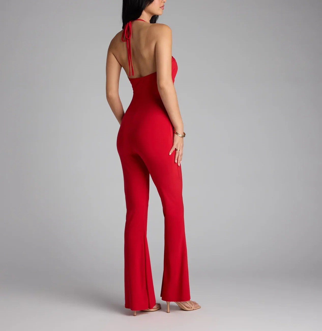 Hot Red紅色  Cutout交叉繞脖綁帶連身喇叭褲Jumpsuit