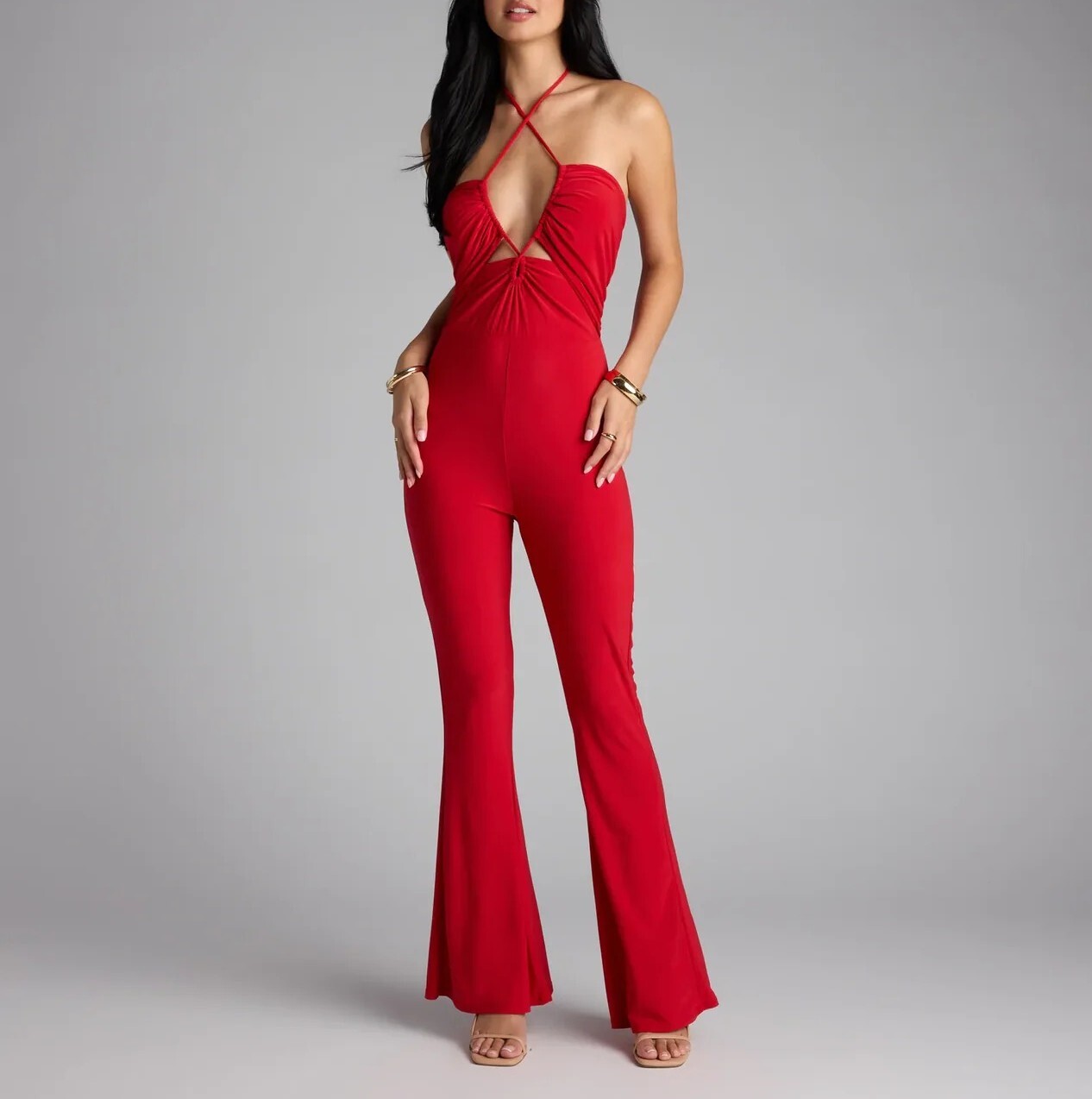 Hot Red紅色  Cutout交叉繞脖綁帶連身喇叭褲Jumpsuit