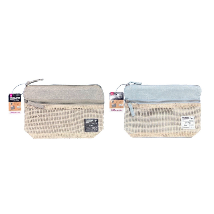旅行用收納袋/雙拉鍊混棉 灰、藍 25×17×6cm