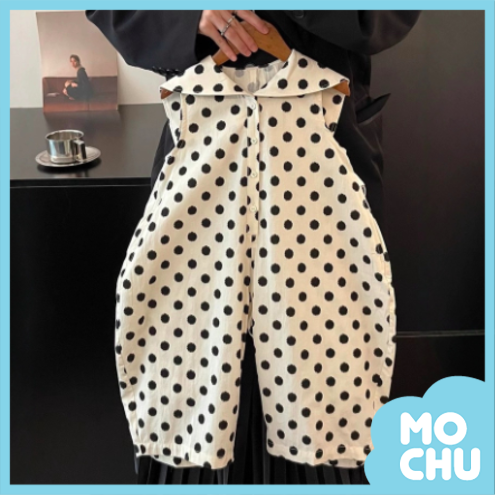 波點翻領無袖連身褲
