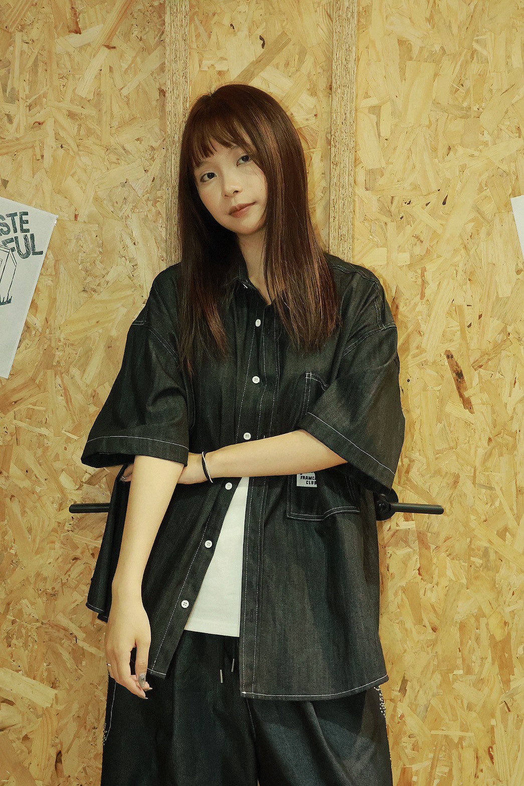 原牛 反車線 貼布 牛仔 短袖 #襯衫