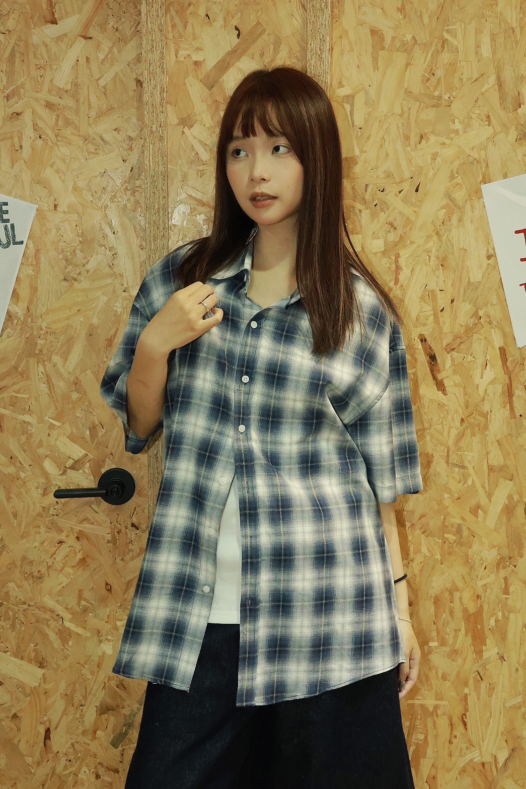 格子 立領 鈕扣 刷色 短袖 #襯衫