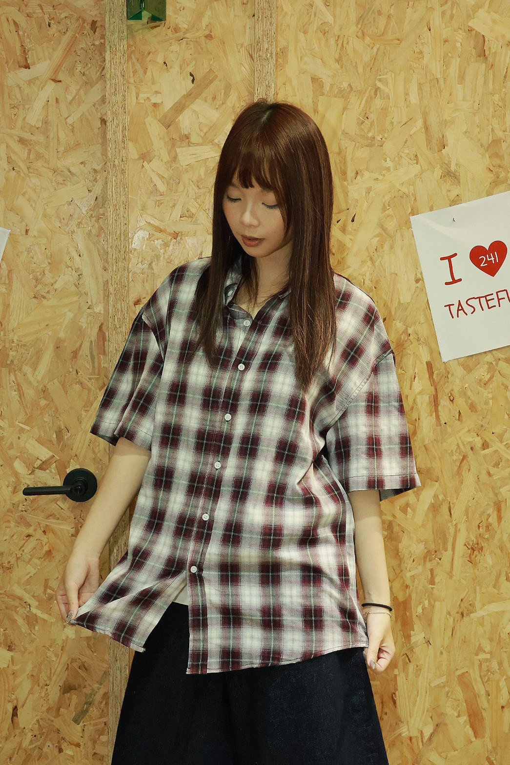 格子 立領 鈕扣 刷色 短袖 #襯衫