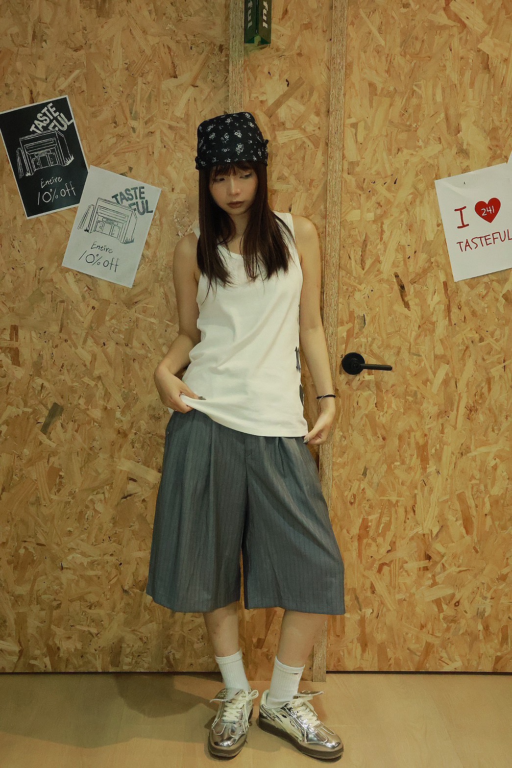 直條紋 後刺繡設計 西裝褲 短褲 #七分褲