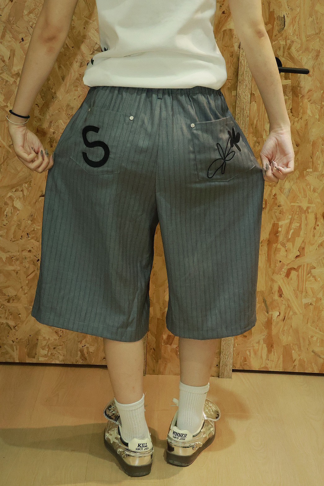 直條紋 後刺繡設計 西裝褲 短褲 #七分褲