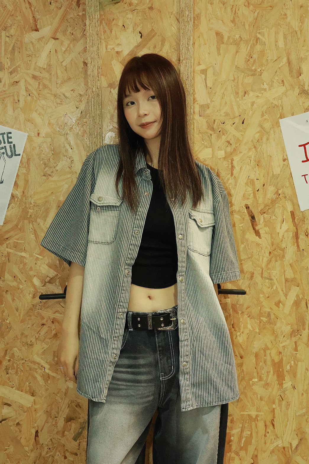 直紋 刷白 雙口袋 釦子 牛仔短袖 #襯衫