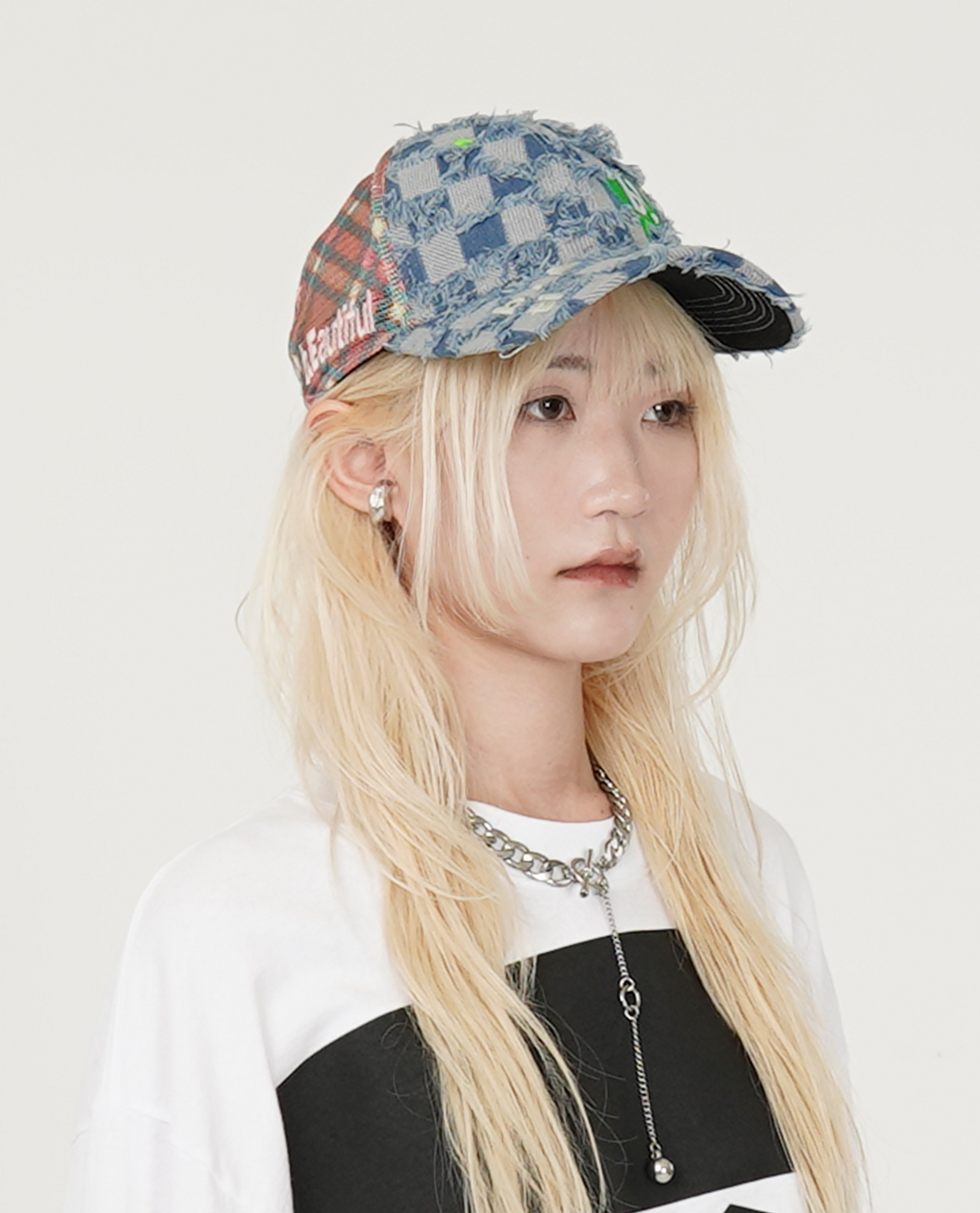 b.Eautiful Biyu Trucker Hat (Light Blue Checker Denim) - 25SS