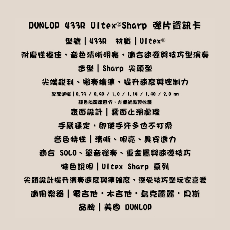 PICK 彈片 433R Dunlop 犀牛速度型 木吉他/烏克麗麗/電吉他