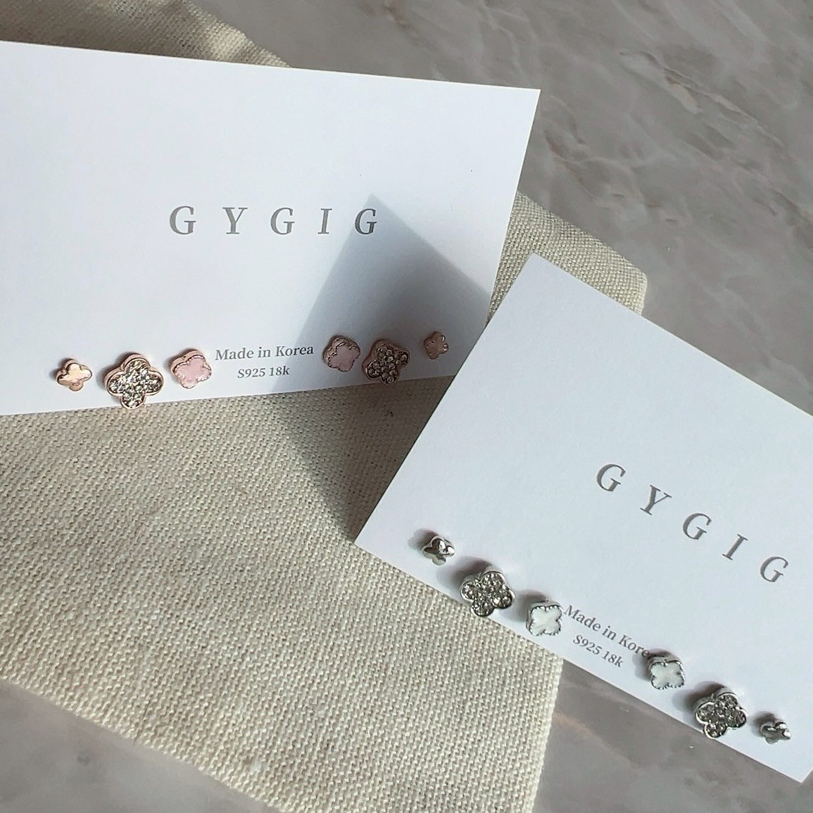 mini四葉草白貝/光面/滿鑽6件組耳釘set