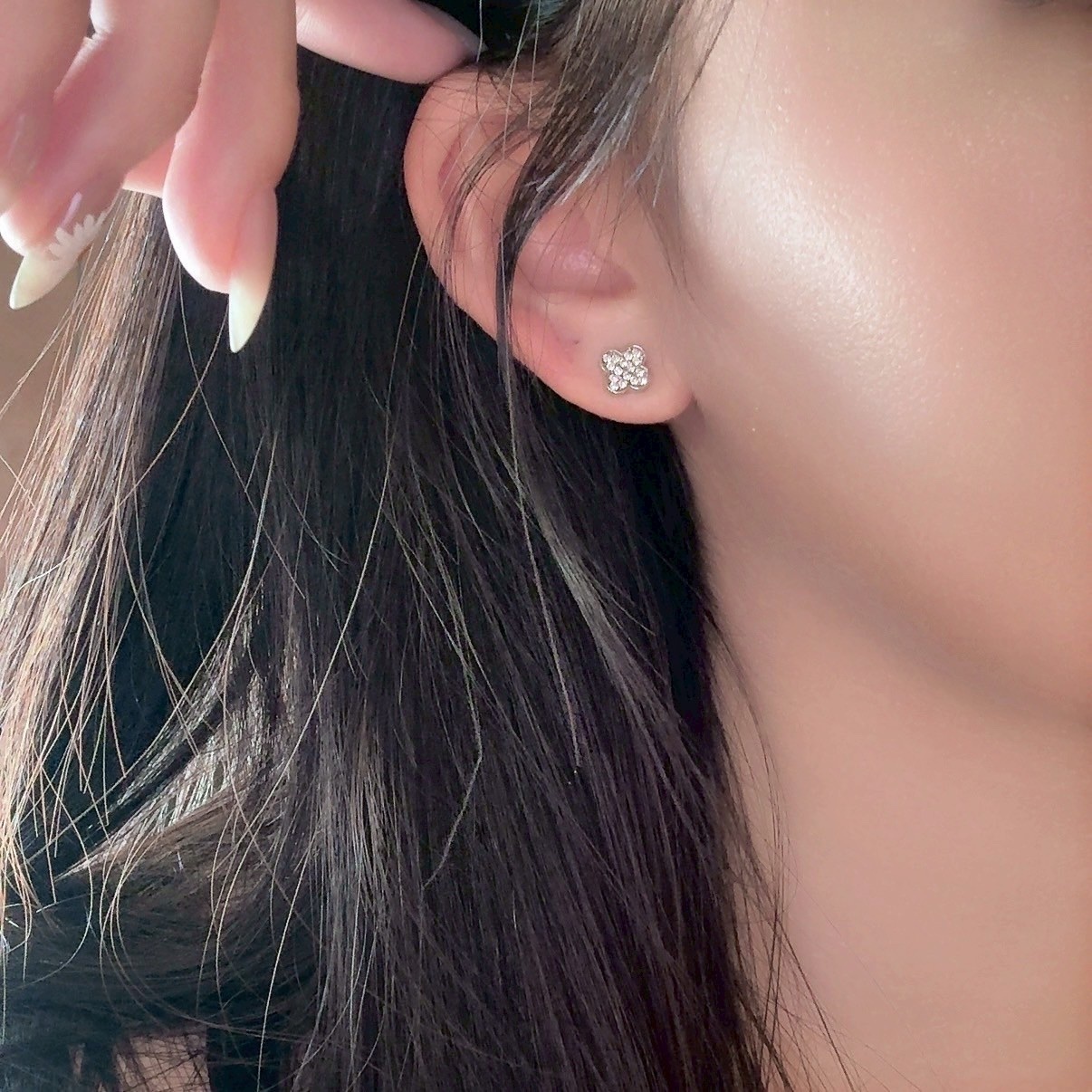 mini四葉草白貝/光面/滿鑽6件組耳釘set