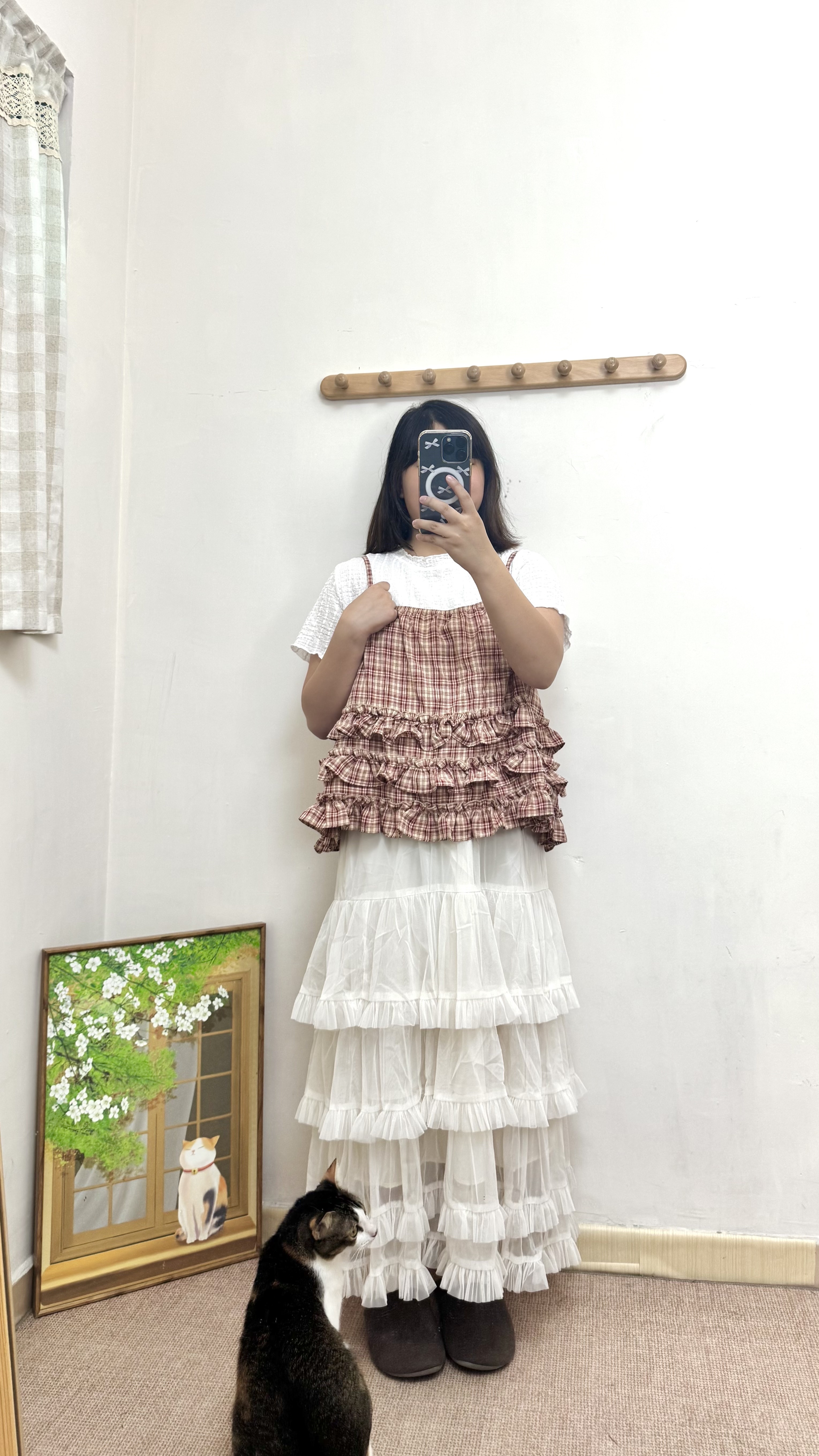 格紋拼色花邊吊帶