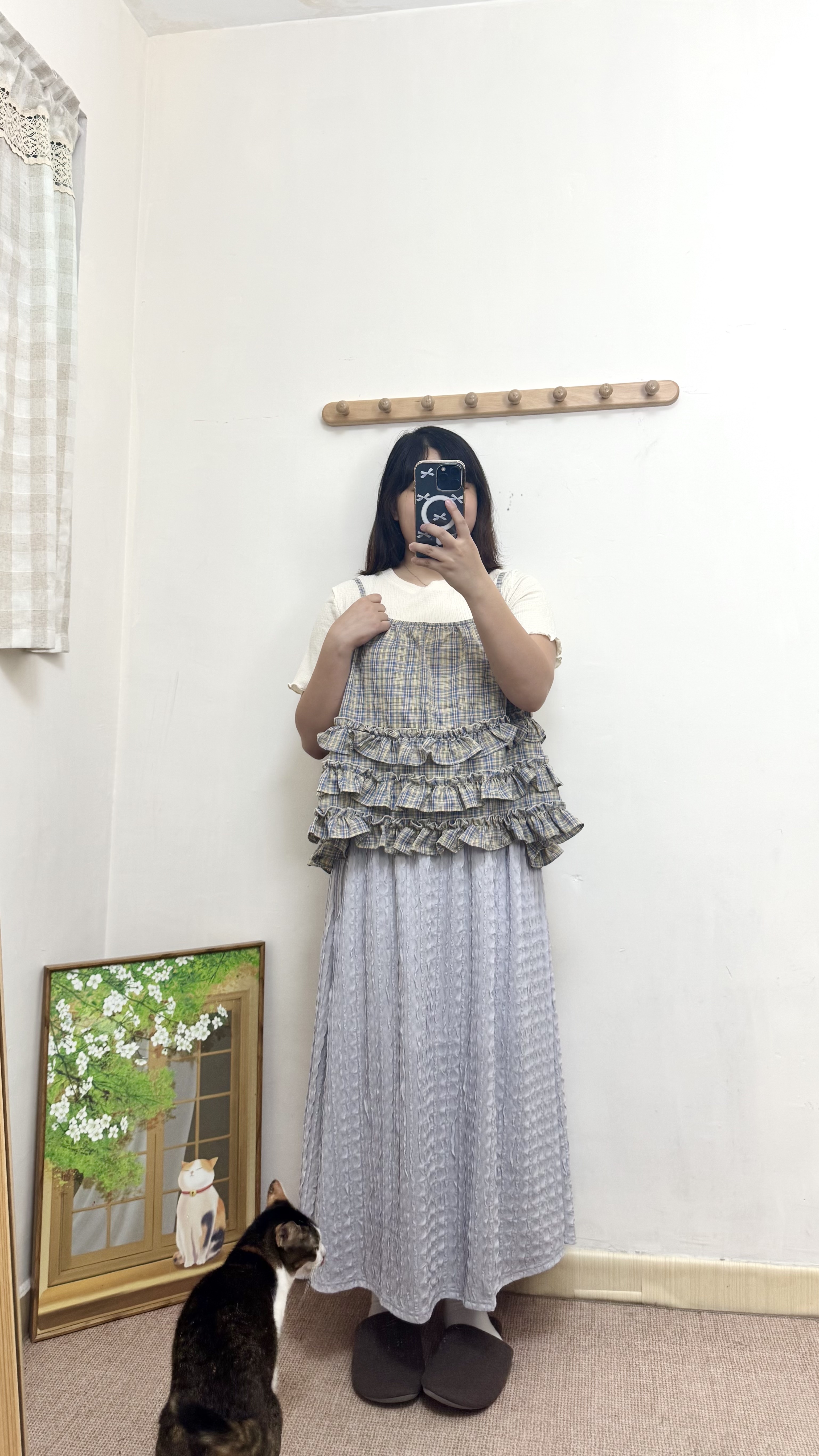 格紋拼色花邊吊帶