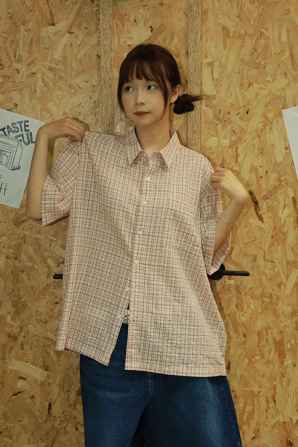 慵懶 寬鬆 短袖 小格子 #襯衫