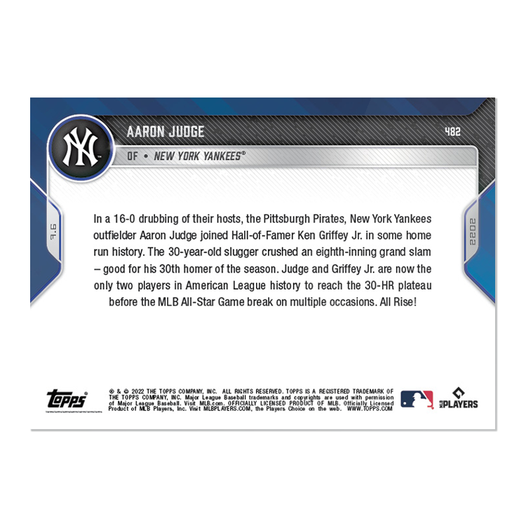 2022 TOPPS NOW #482 AARON JUDGE JOINES GRIFFEY JR. FOR 1ST HALF HOME RUN HISTORY