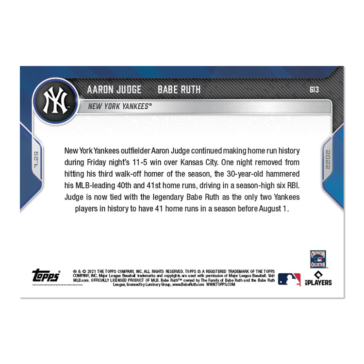 2022 TOPPS NOW #613 AARON JUDGE & BABE RUTH - TIES GREAT BAMBINO WITH 2-HR NIGHT
