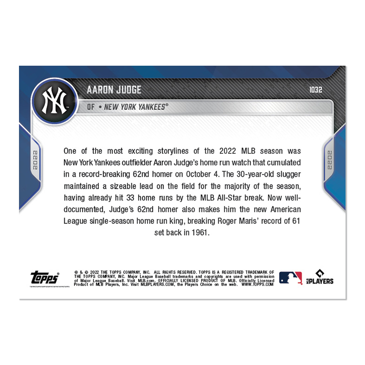 AARON JUDGE 2022 TOPPS NOW BASEBALL #1032 NEW YORK YANKEES MLB HR LEADERS 62