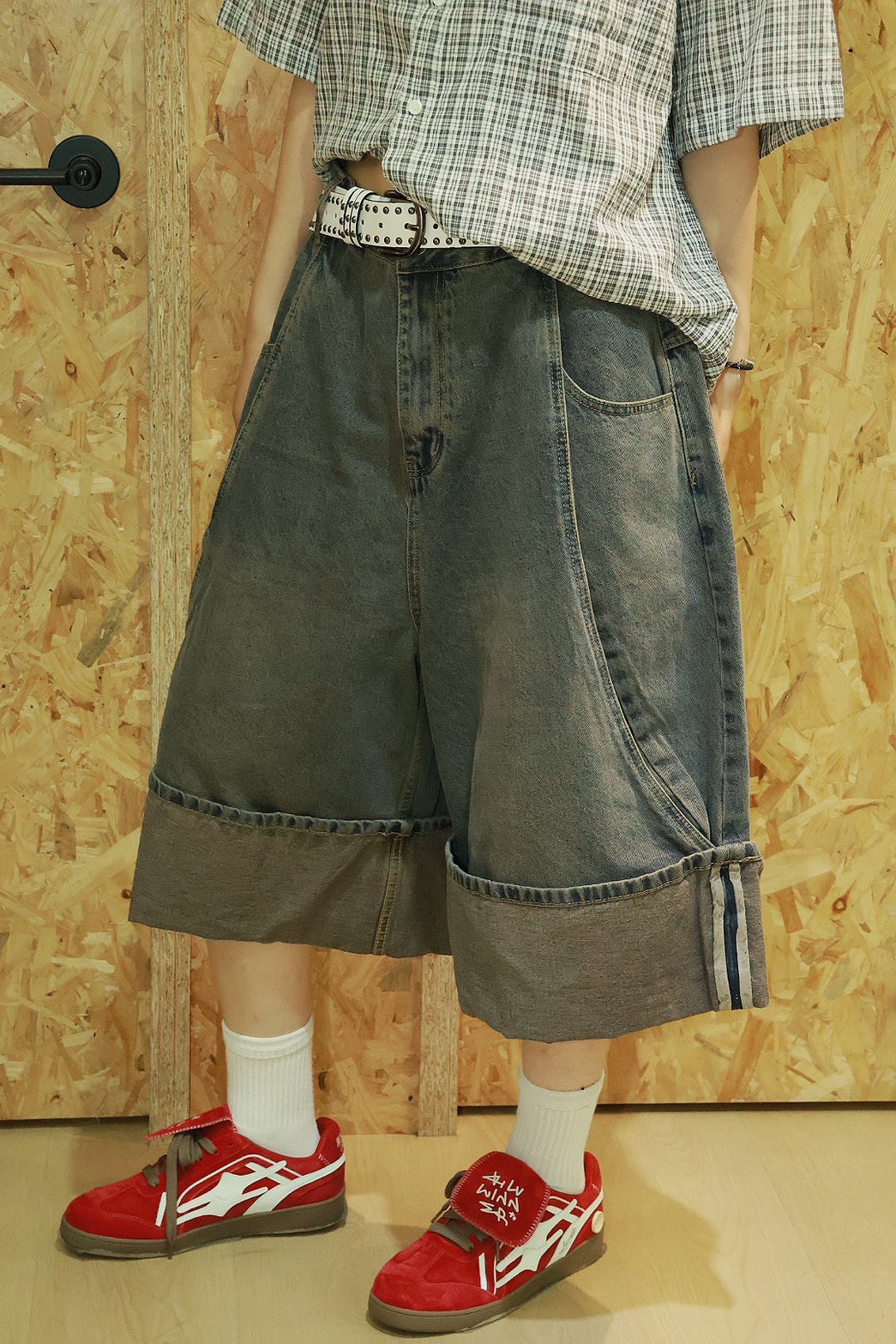 剪裁口袋 反折 雙線 牛仔 #短褲