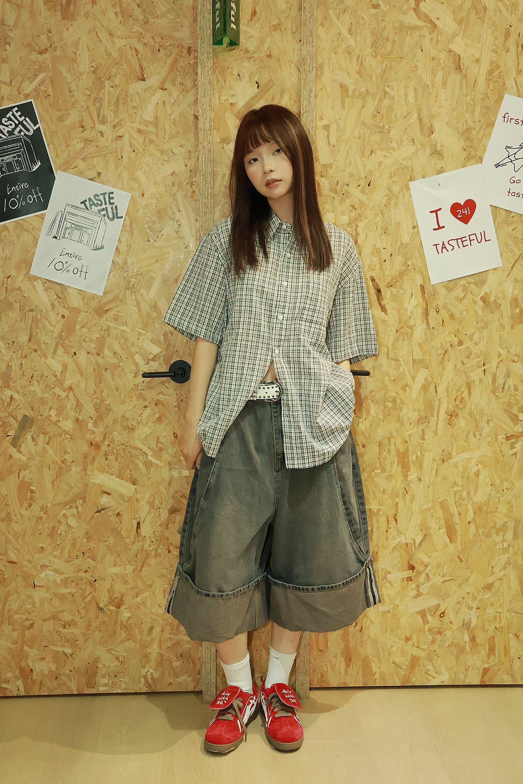 剪裁口袋 反折 雙線 牛仔 #短褲