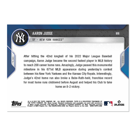 2022 MLB Topps NOW #616 AARON JUDGE CAREER 200 HRS NY YANKEES