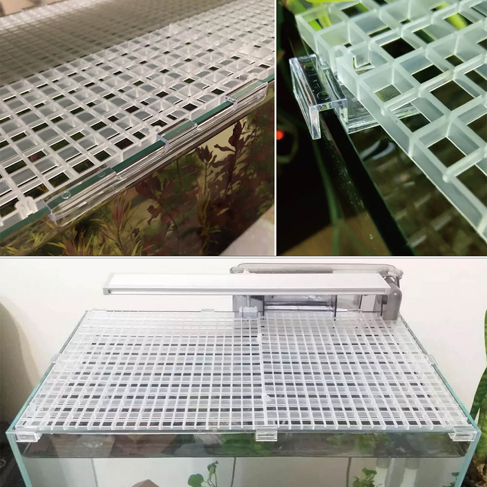 壓克力支撐架一體成形，直接掛在魚缸邊緣即可使用，支撐力佳，可搭配隔離板用作魚缸上蓋，防止魚隻跳出