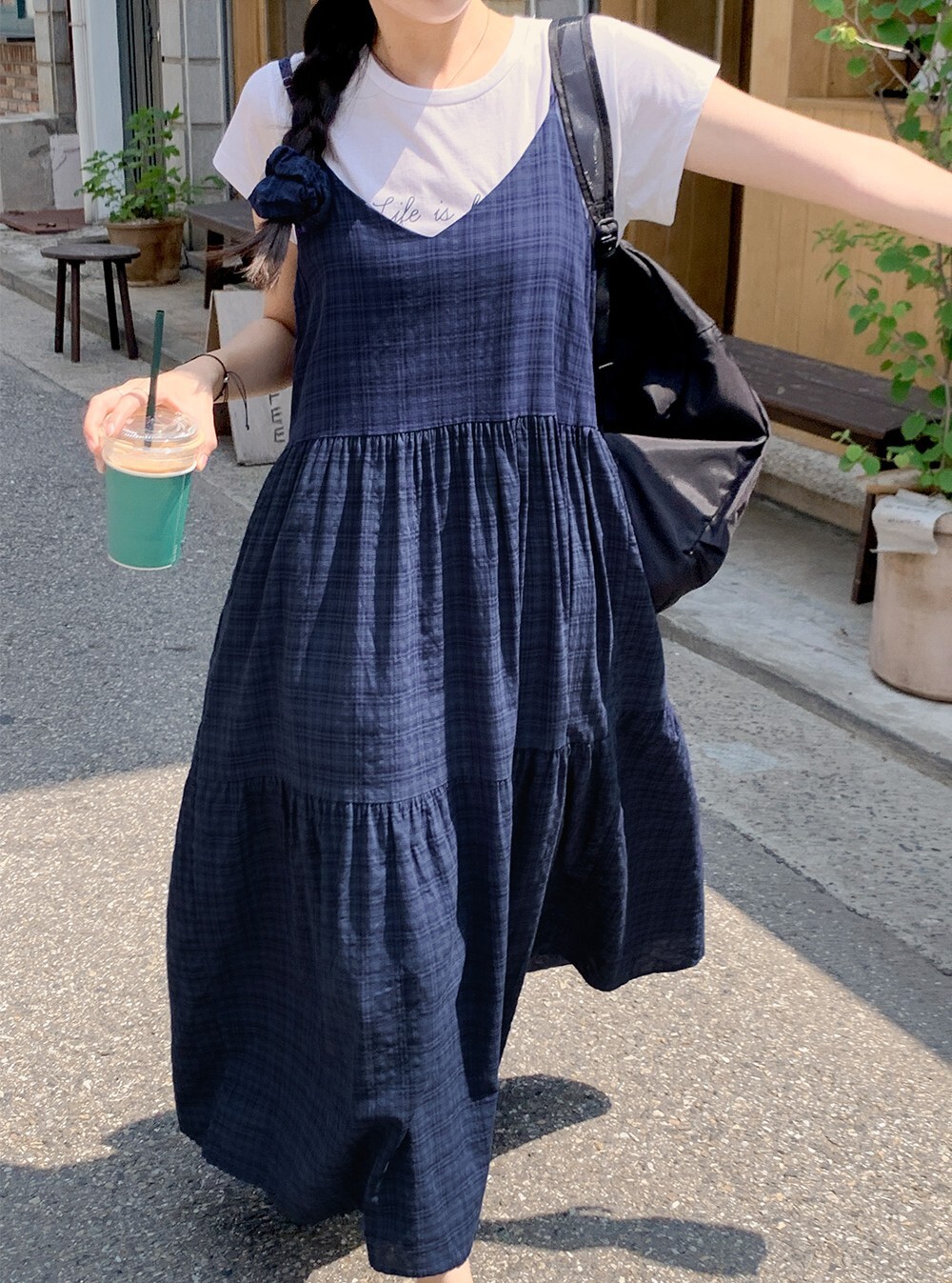 韓國grace muse授權 低調格紋抽褶蛋糕裙襬細肩洋裝