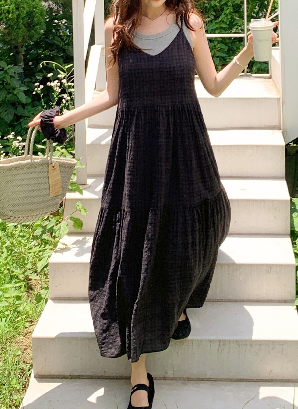 韓國grace muse授權 低調格紋抽褶蛋糕裙襬細肩洋裝