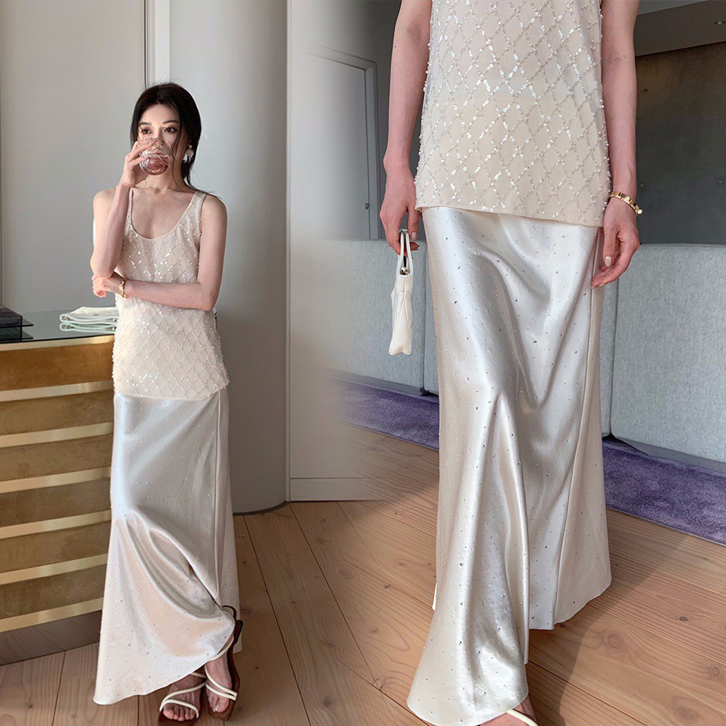 優雅女子光澤感滿滿亮鑽造型長裙-XS-L (Elegant & Love)