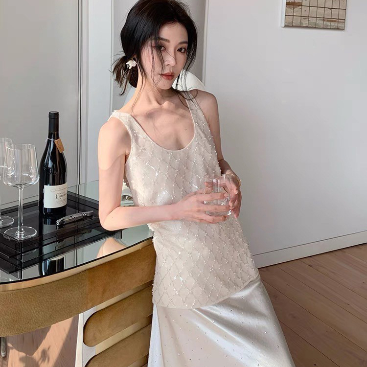 奶油白復古珍珠菱格紋拼接圓領背心-S-L (Elegant & Love)