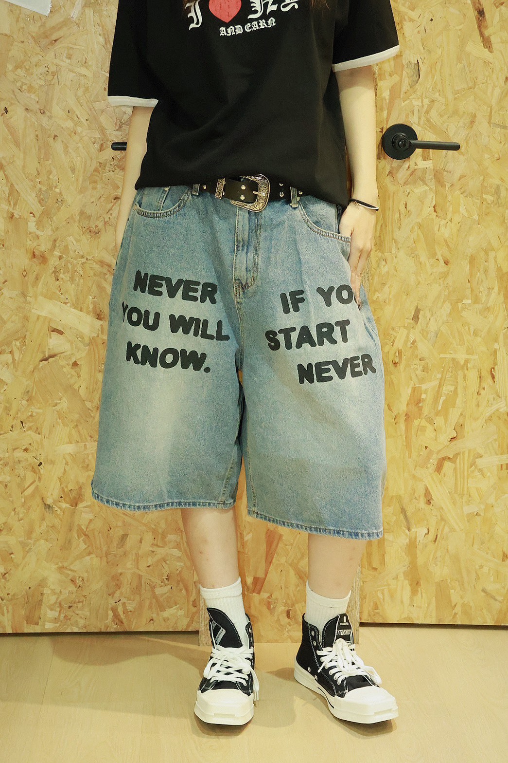 英文標語 黃線 牛仔 短褲 #七分褲