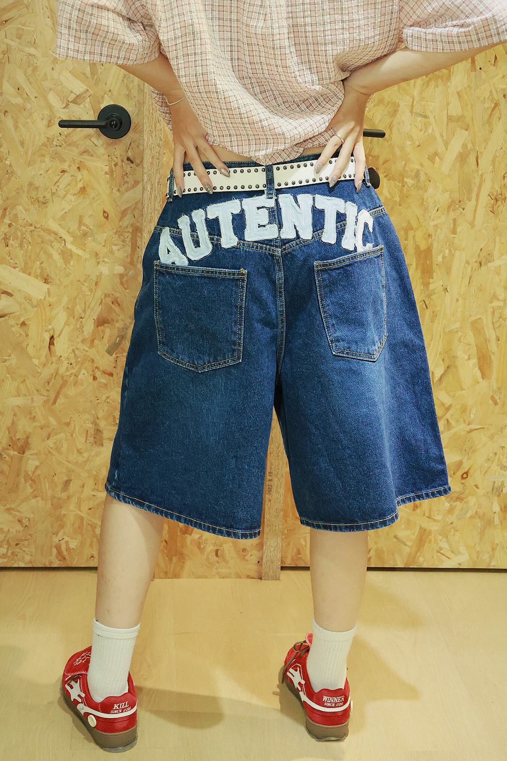 後貼布 英文 AUTE 素面 牛仔 #短褲