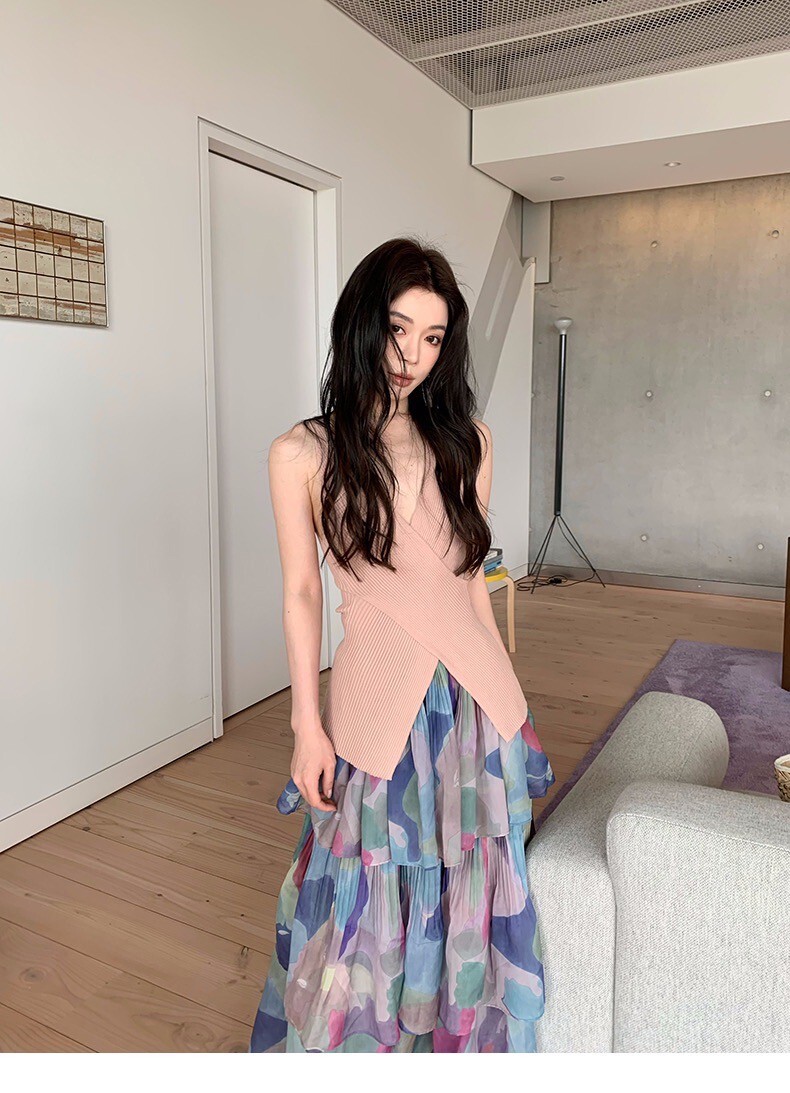 交疊上下V字造型螺紋背心上衣-F / 2色 (Elegant & Love)