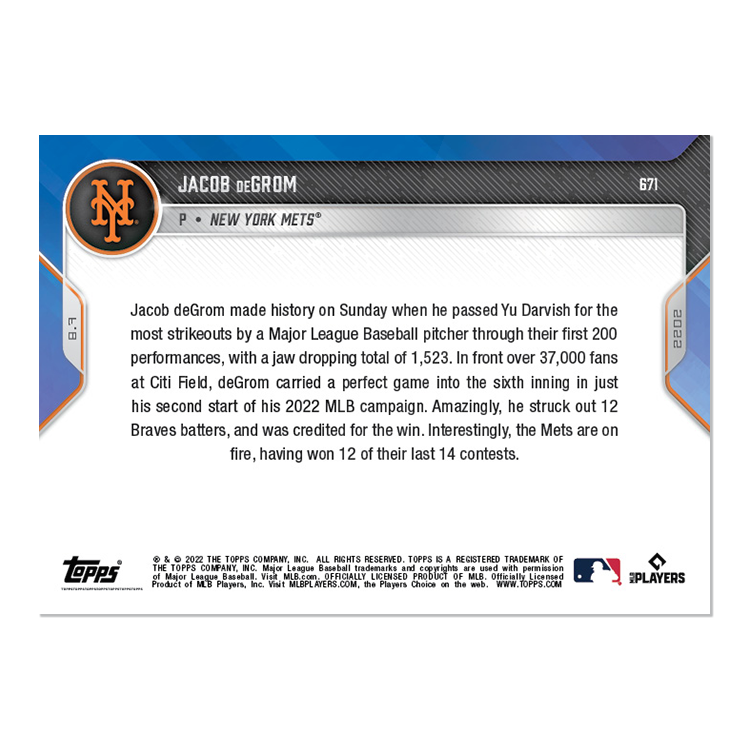 2022 TOPPS NOW #671 JACOB DEGROM SETS MLB STRIKEOUT RECORD 200 GAMES METS In Hand
