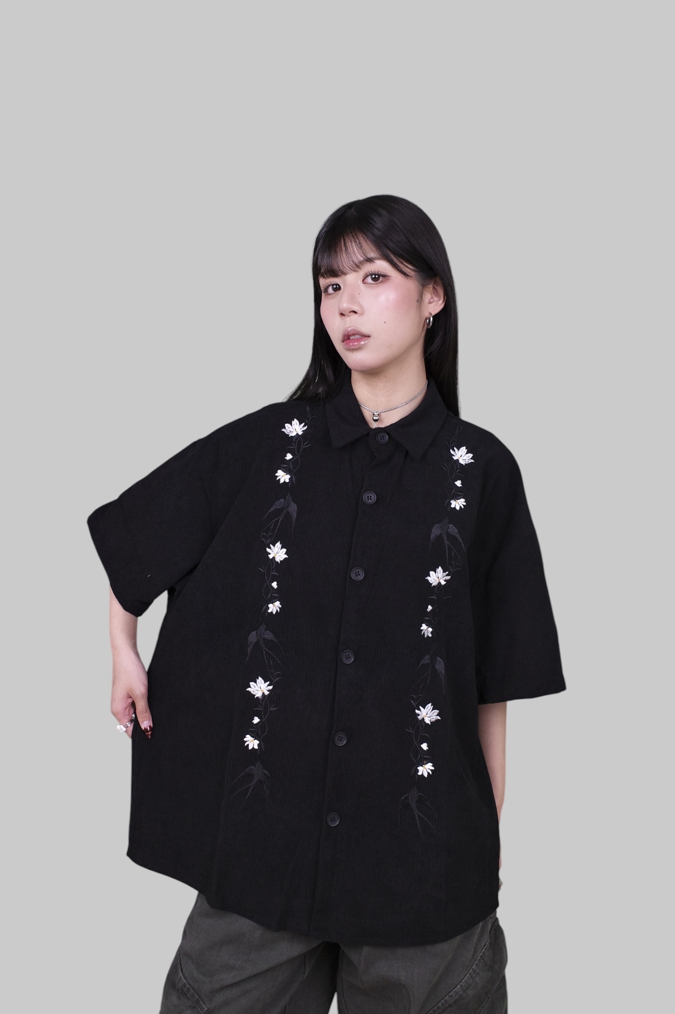 『Always_Good』飛燕 花卉 刺繡 復古 短袖襯衫