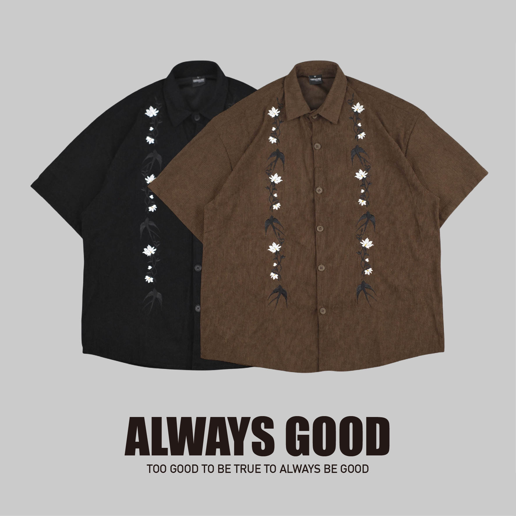 『Always_Good』飛燕 花卉 刺繡 復古 短袖襯衫
