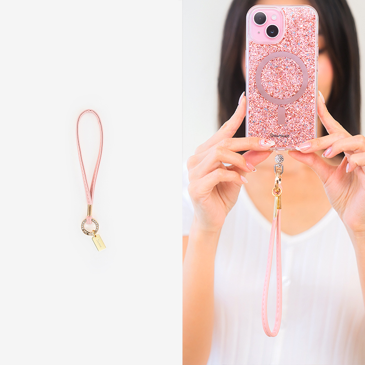 金色鑽環馬卡龍細皮革繩 (櫻花粉) 手腕繩 短掛繩