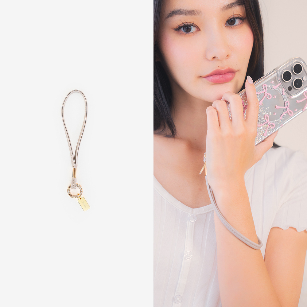 金色鑽環馬卡龍細皮革繩 (亞麻灰) 手腕繩 短掛繩