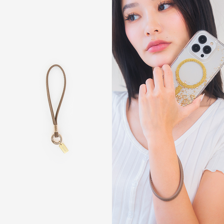 金色鑽環馬卡龍細皮革繩 (巧克力咖) 手腕繩 短掛繩